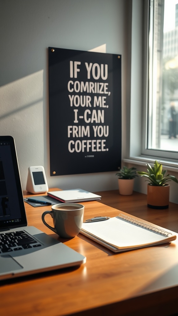A stylish workspace with a laptop and coffee, featuring a motivational quote poster.
